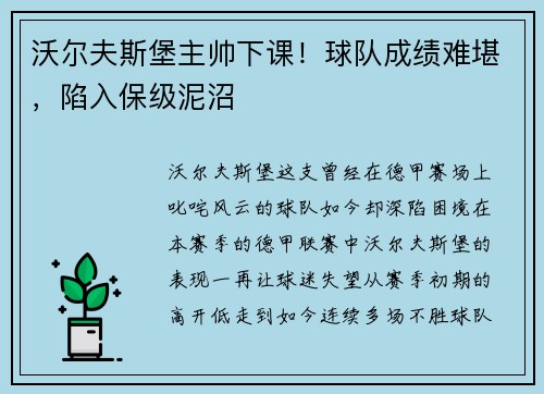 沃尔夫斯堡主帅下课！球队成绩难堪，陷入保级泥沼