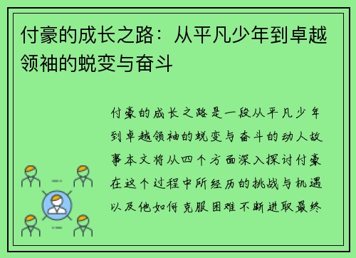 付豪的成长之路：从平凡少年到卓越领袖的蜕变与奋斗